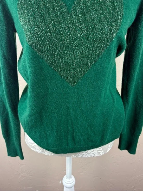 J. Crew Kelly Green Sparkle Heart Cashmere Sweater Women’s Size Medium - Picture 3 of 10